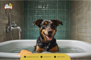 chó đang được tắm vui vẻ với sữa tắm khử mùi hôi cho chó